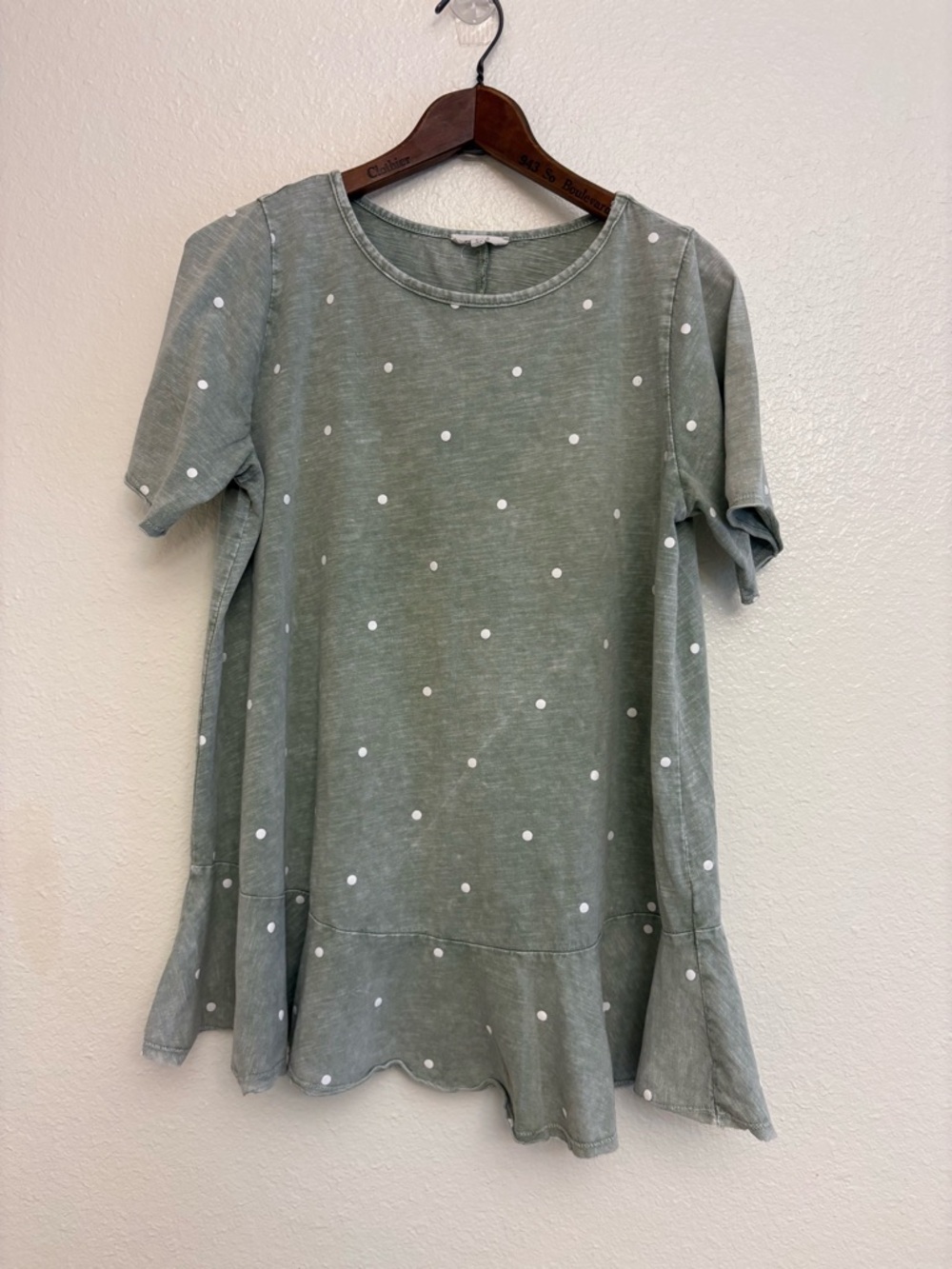 Easel Cotton Knit Polka Dot Ruffle Pullover Tunic Top Green White Womens S